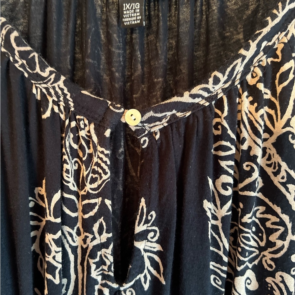 Lucky Brand Black & Tan Boho 3/4 Sleeve Round Keyhole Neckline Women's 1X